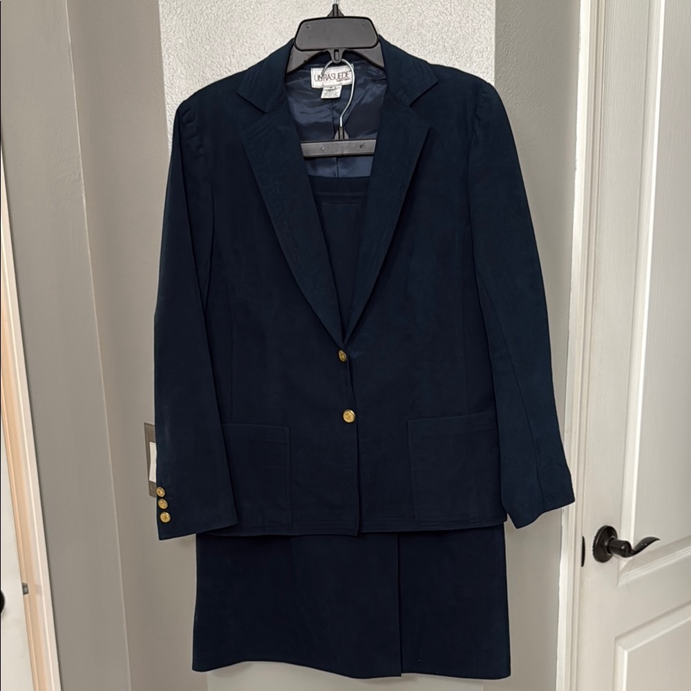 Vintage Ultrasuede Women's Navy Blazer and Skirt Set